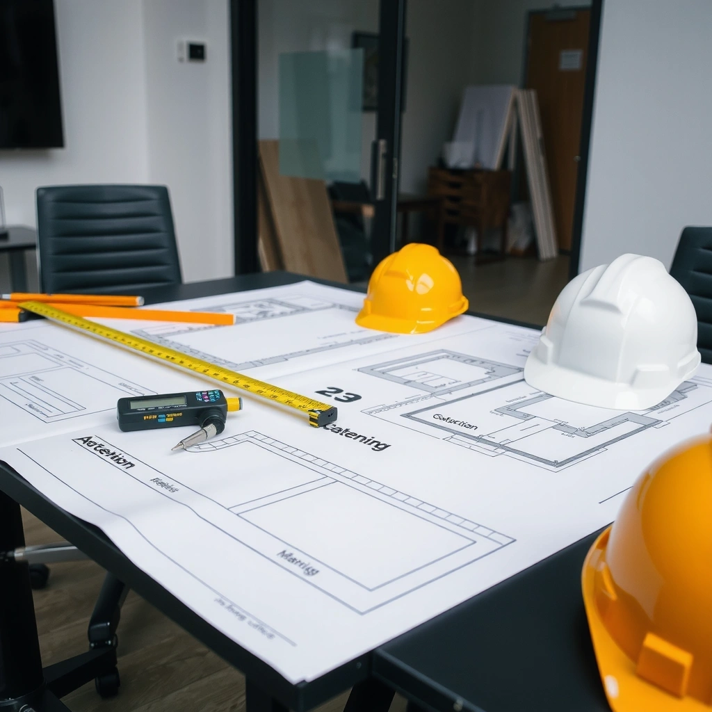 Modern architectural blueprint with construction tools