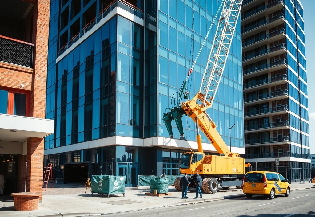 Commercial office building construction site with modern glass and steel architecture