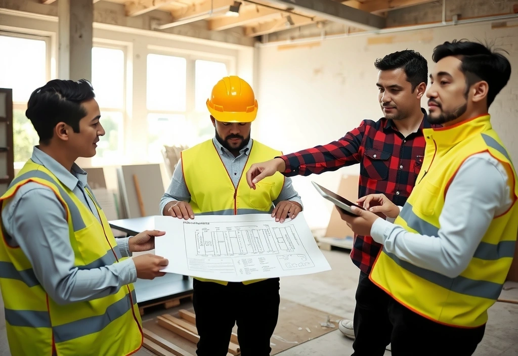 Construction project management team reviewing plans and schedules at construction site