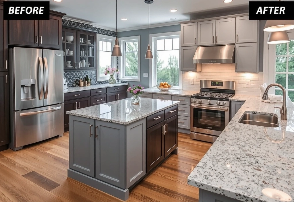 Luxury kitchen renovation showing modern design with granite countertops and custom cabinetry
