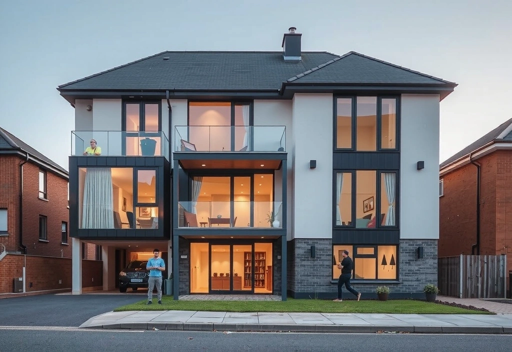 Modern residential construction project showing contemporary home with glass facades and clean lines